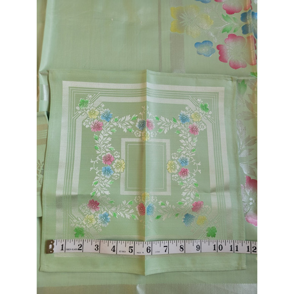 Vtg Table Cloth Napkins Set Green Floral Hand Painted Combed Yarns Damask - Picture 11 of 13